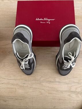 Salvatore Ferragamo Gray and White Mesh Suede Runner Sneakers